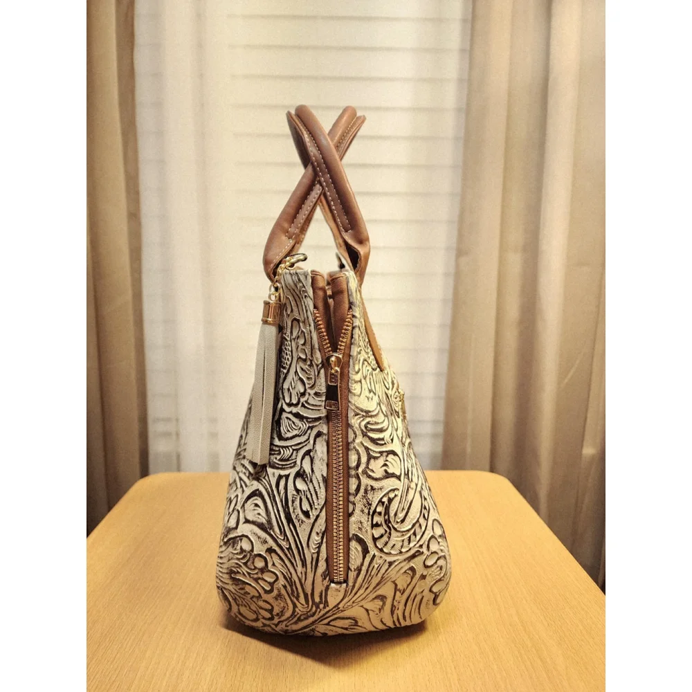 Brown Off White Zippered Floral Embossed Tooled Artisanal LEATHER Bag Purse